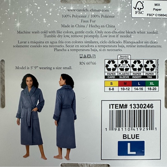 NWT Carole Hochman Women's L Blue Plush Faux Fur Sleeved Belted Midi Wrap Robe - Picture 13 of 13